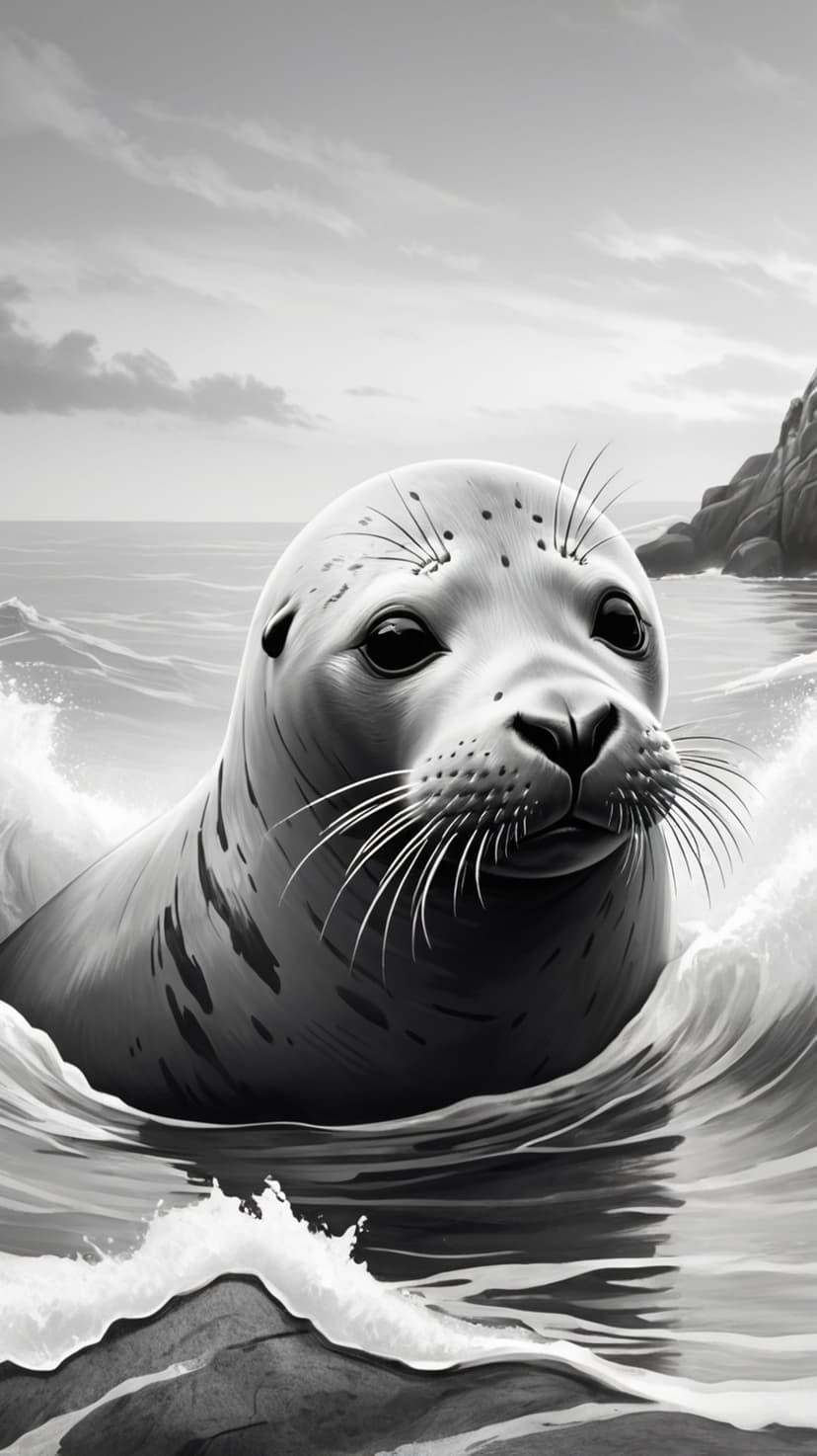 Harbor seal with wet whiskers surfacing from choppy ocean water in a black and white vertical portrait.