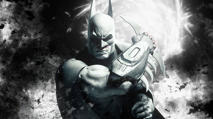 Batman in a gritty black and white pose holding batarangs with intense lighting and smoke in the background.