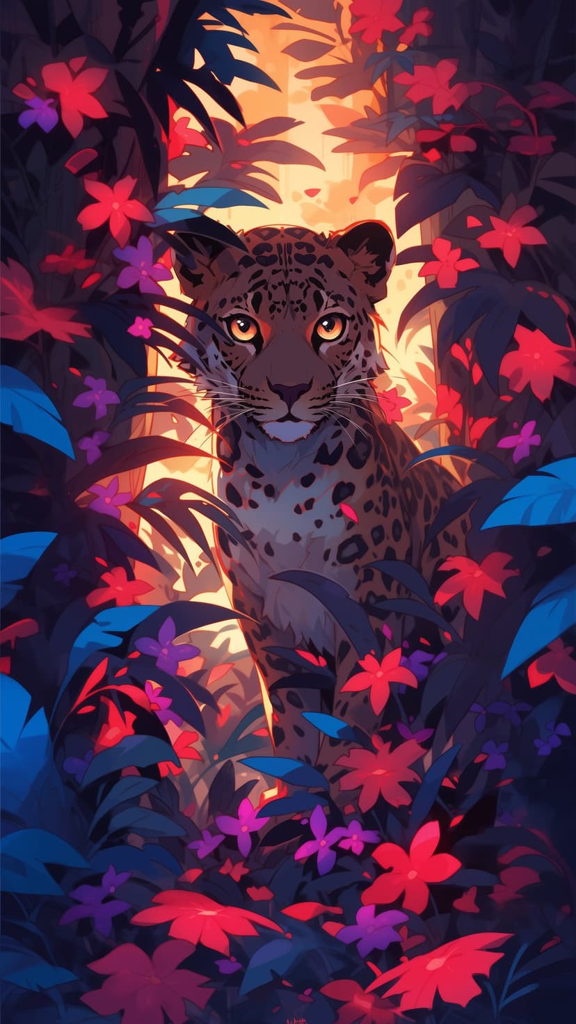 Leopard with amber eyes peers through red and purple jungle flowers during a warm golden sunset glow.