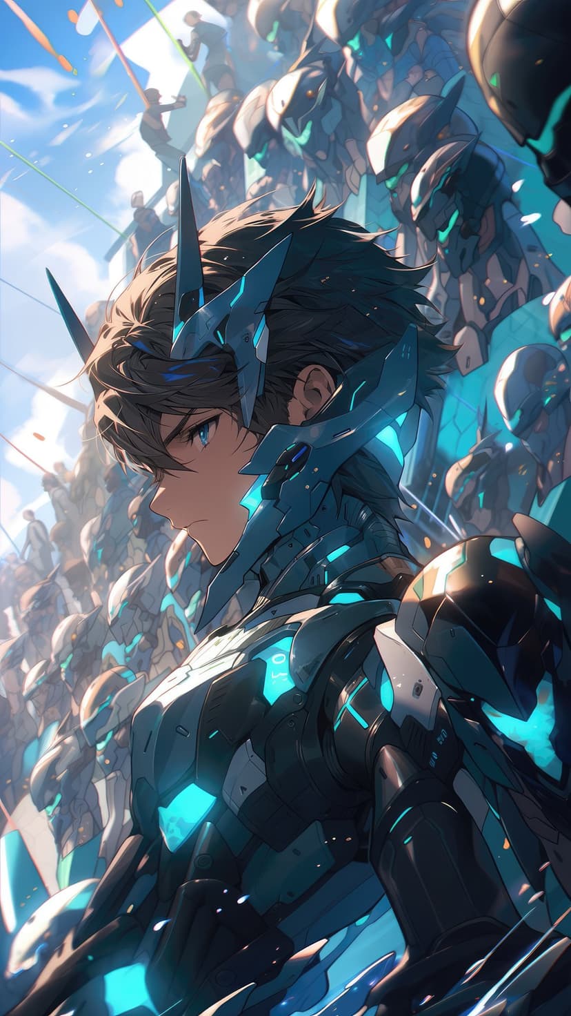 Anime boy in glowing blue armor stands before a massive robotic army on a bright, debris-strewn battlefield.