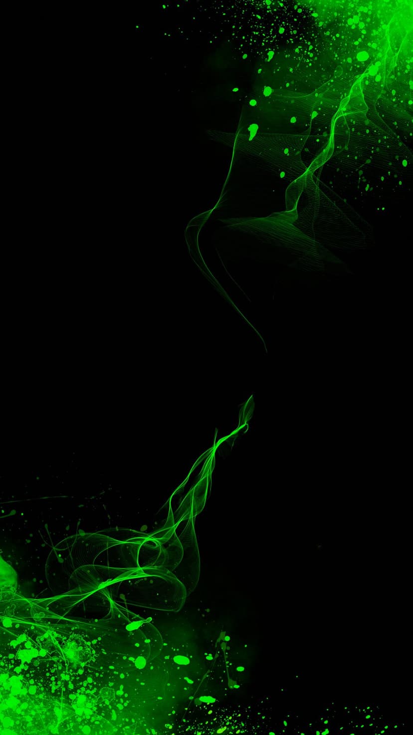 Luminous green smoke tendrils and paint splatters contrast sharply against a deep black solid background.