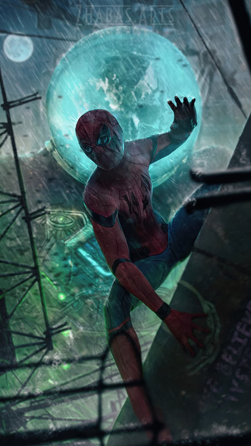 Spider-Man scales a curved metal surface in a rainy city illuminated by a massive glowing blue moon and orb.