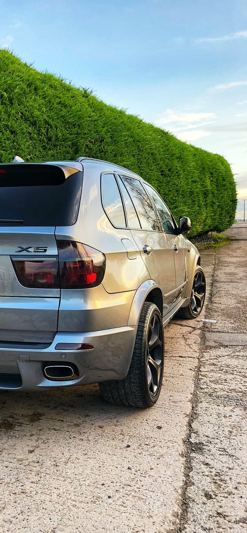 Silver BMW X5 SUV parked by a manicured green hedge with visible tinted taillights and sporty wheels on concrete.