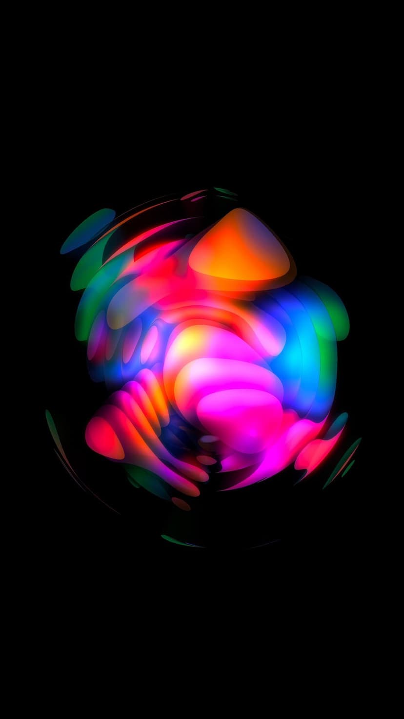 Glowing neon sphere with swirling pink, blue, and orange fluid textures against a solid black background.