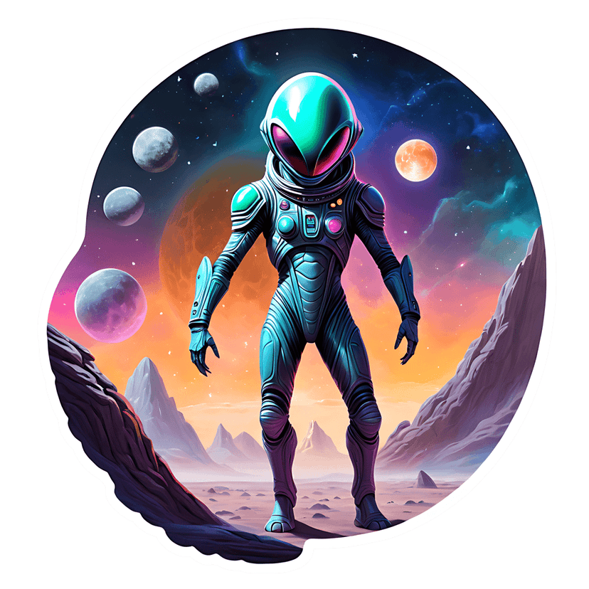 Space traveler in teal armor stands on a purple mountain landscape with multiple moons and an orange sky.