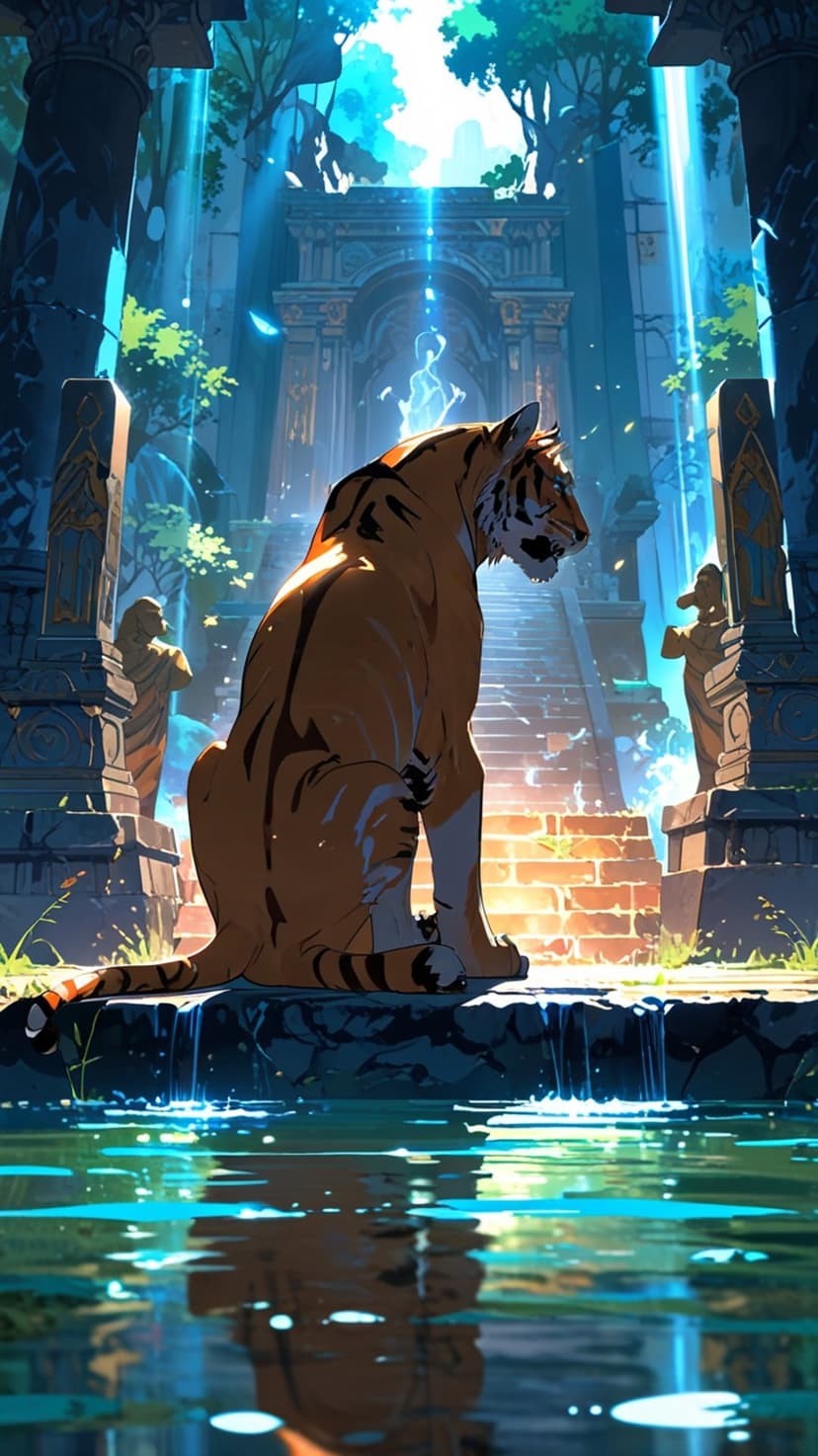 Orange tiger sitting among overgrown temple ruins beside a glowing blue archway and cascading waterfall.