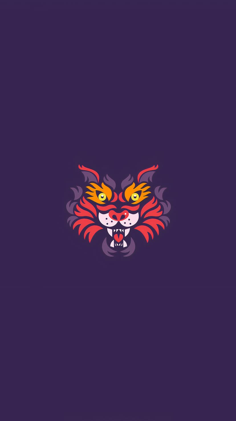 Roaring tiger face with sharp fangs and fiery orange fur set against a solid dark purple background.