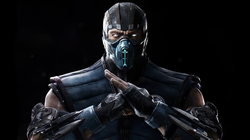 Sub-Zero from Mortal Kombat posing with glowing blue eyes and hands crossed against a dark background.