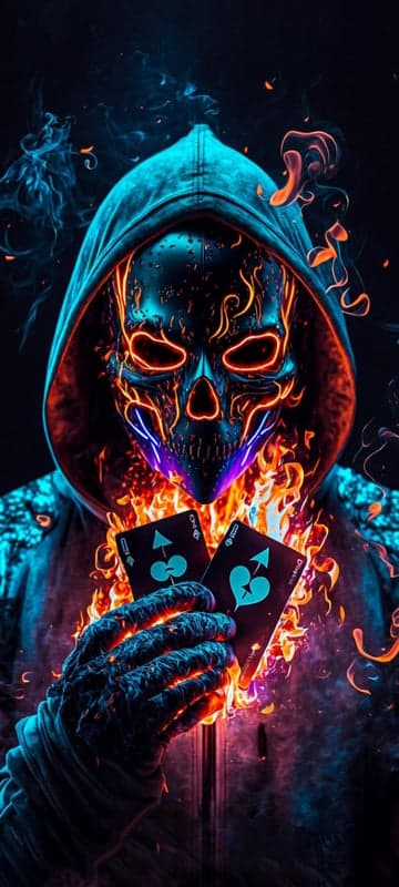 Fiery Skull Mask with Playing Cards and Smoke