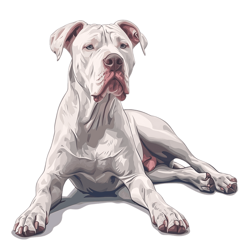 White pitbull dog with blue eyes lies on a black background in a detailed photorealistic digital painting.
