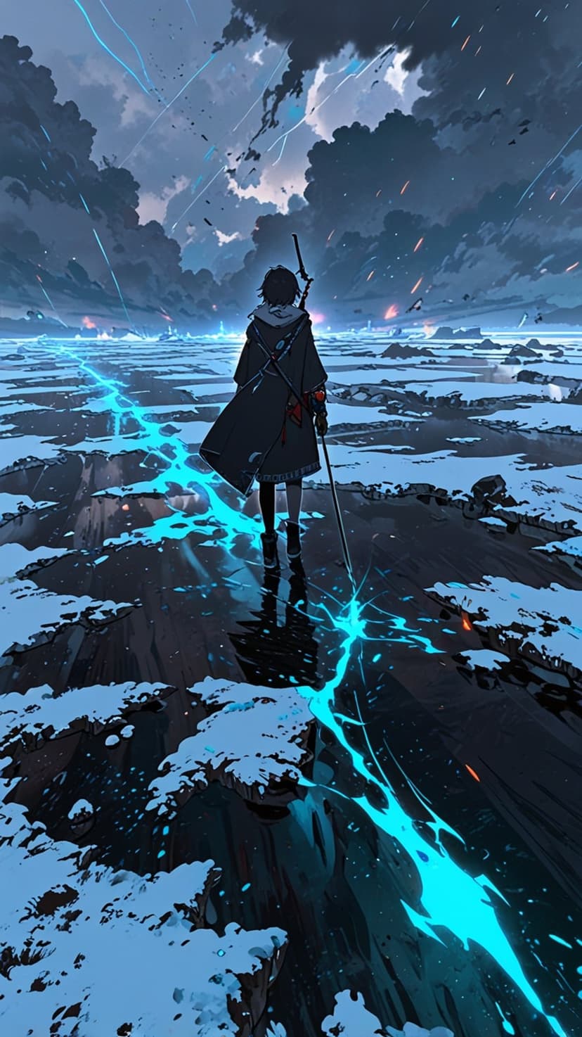 Anime warrior holding a staff stands on cracked ice while blue electricity flows under a dark lightning storm.