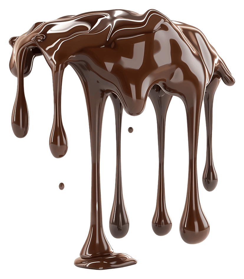 Dripping chocolate sauce flows downward with glossy highlights and thick viscous textures on a white background.