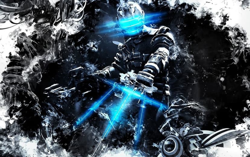 Isaac Clarke from Dead Space with glowing blue visor and plasma cutter lasers on a black and white abstract background.