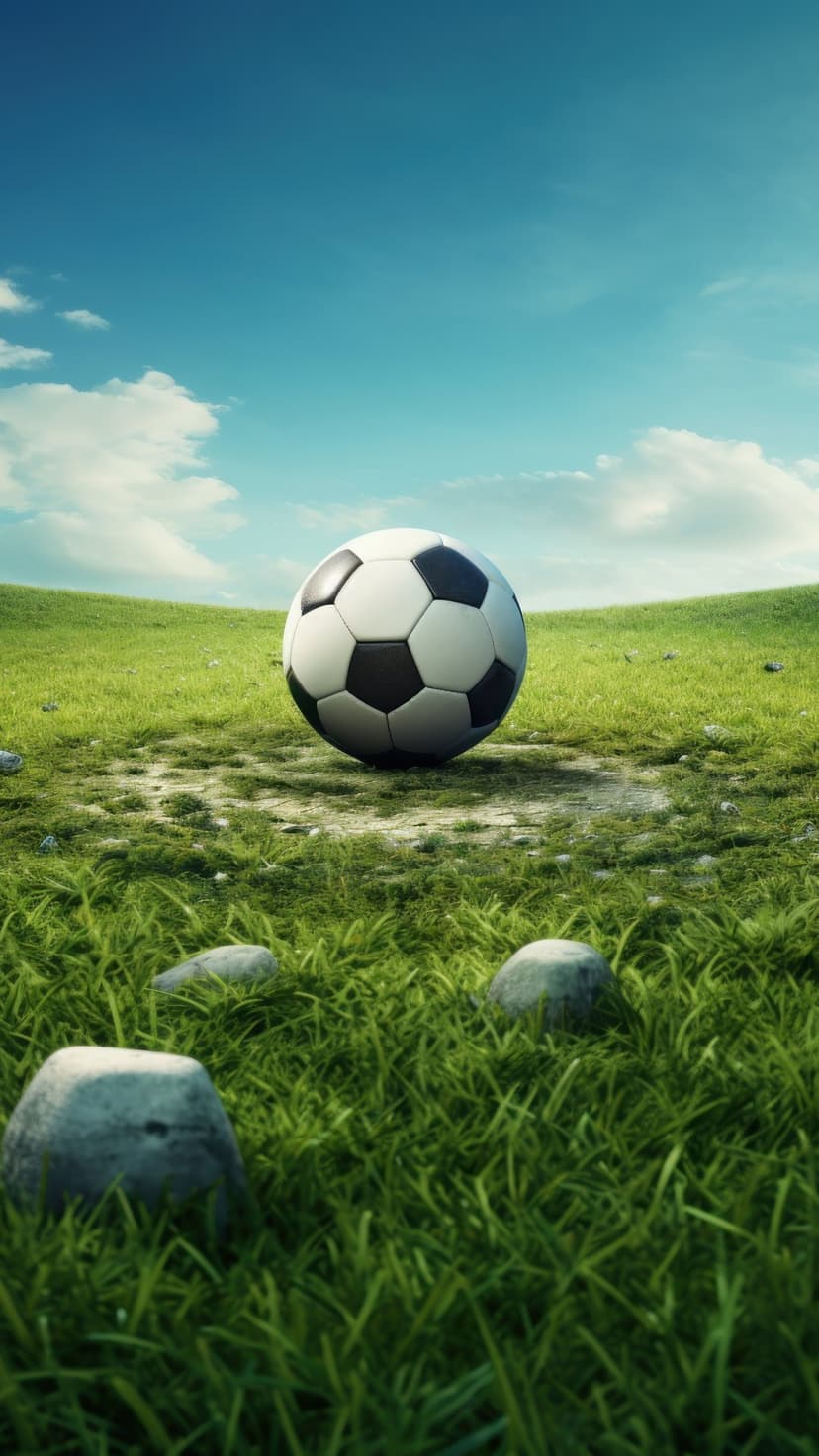 Soccer ball rests on vibrant green grass against a blue sky with white clouds in a hilly landscape view.