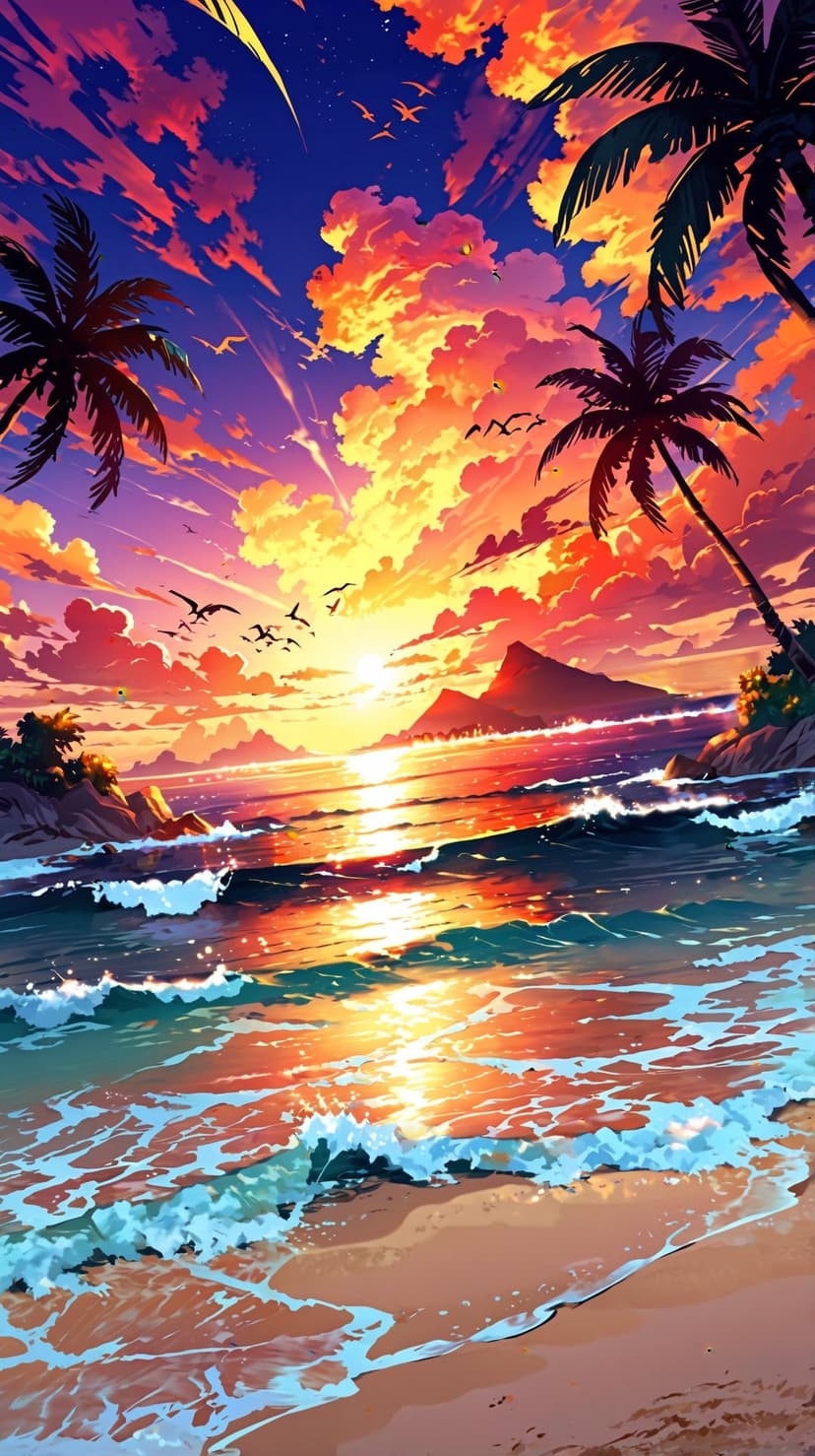 Tall palm trees silhouette against a fiery orange and purple sunset sky as waves wash onto a tropical beach.