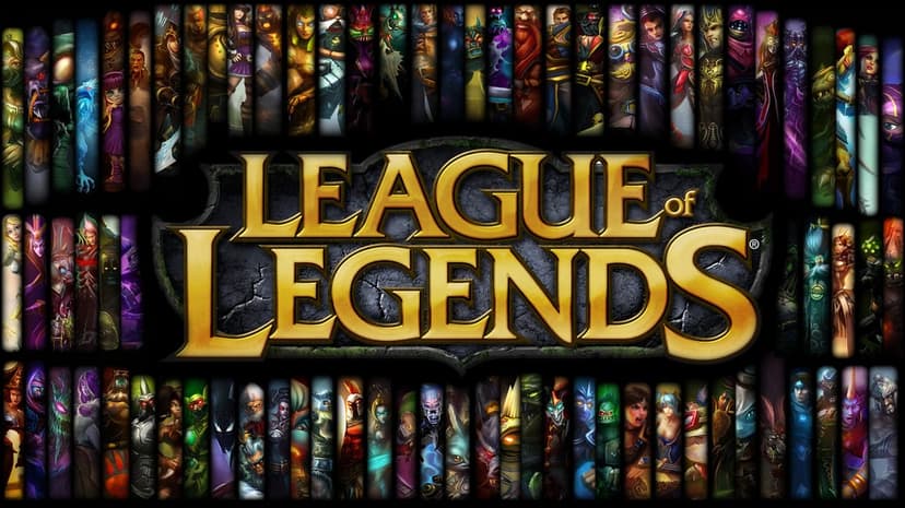 Golden League of Legends logo centered among vertical strips of colorful champion portraits on a dark background.