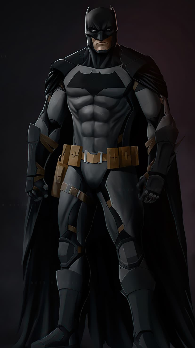 Batman wears a gray armored suit with a black bat symbol and a long cape while standing in dramatic lighting.