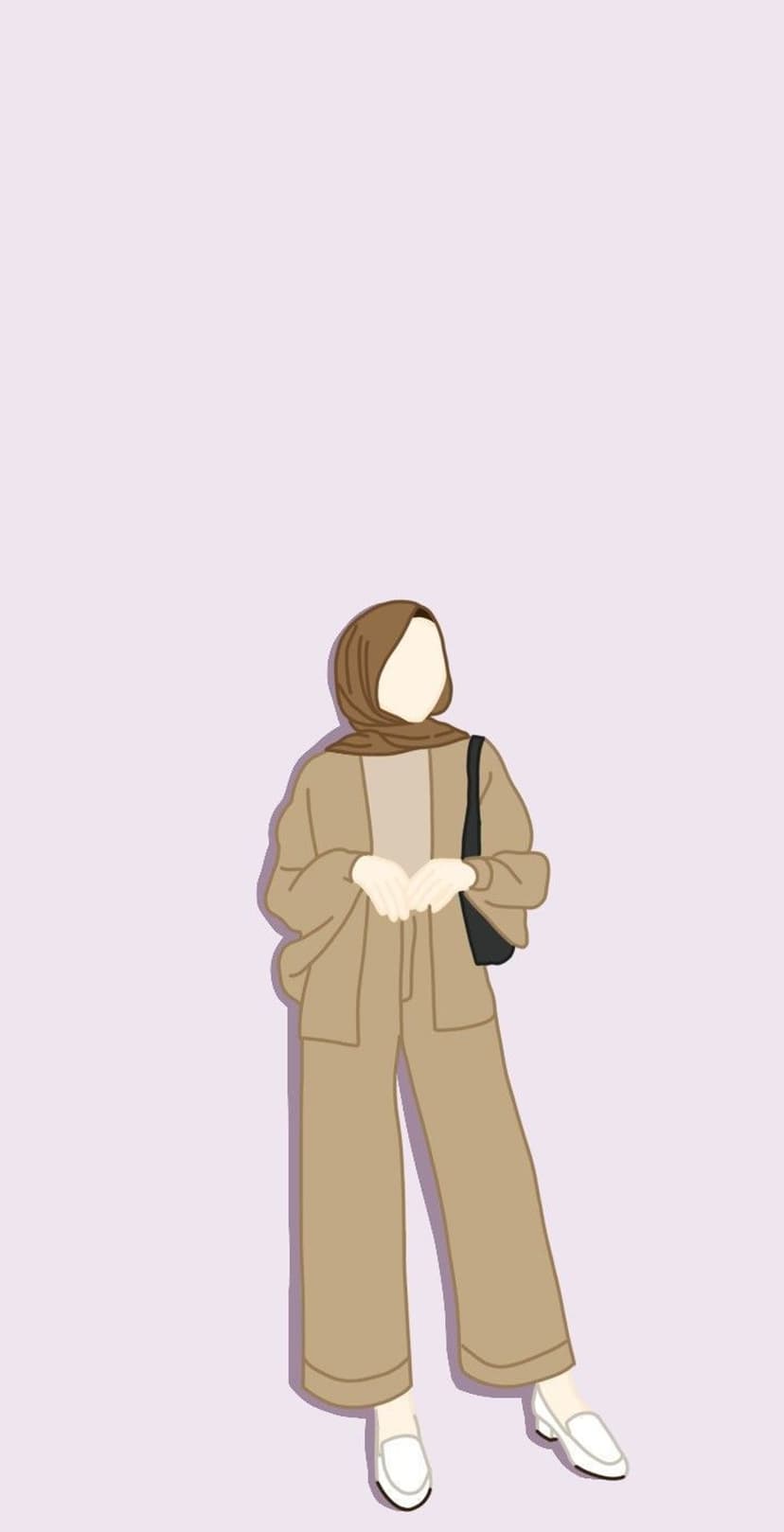 Woman in a beige outfit and brown hijab carries a black shoulder bag, creating a clean modest aesthetic.