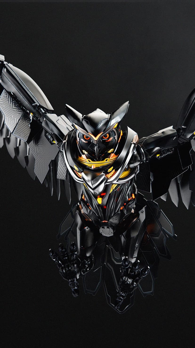 Mechanical owl with glowing orange eyes and exposed gears flying against a solid black background for mobile use.