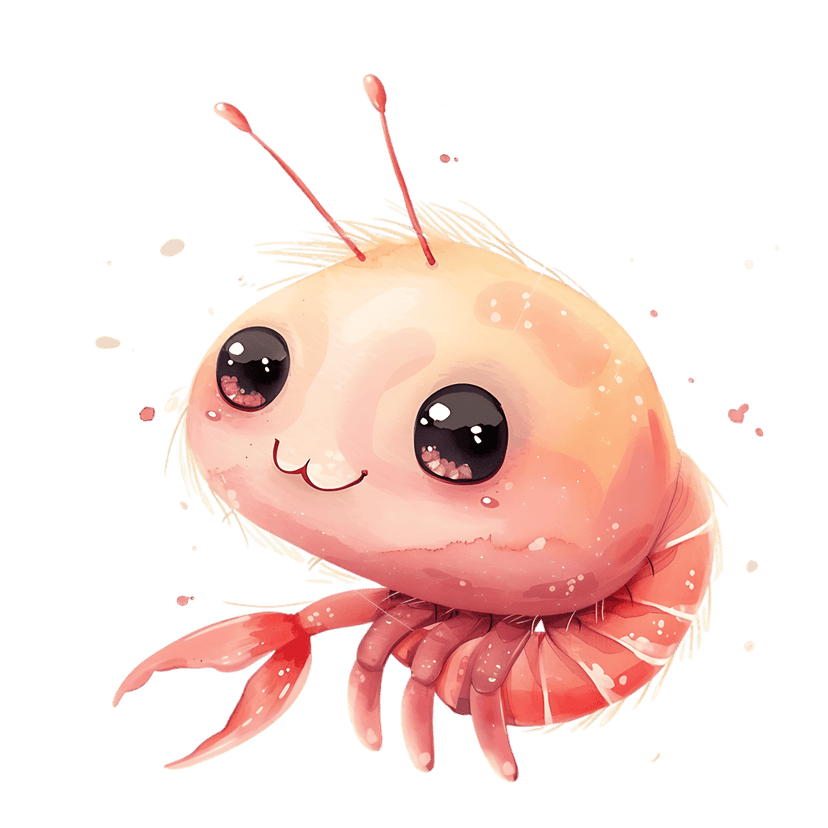 Pink shrimp watercolor illustration with large eyes and soft brushstrokes isolated on a solid black background.