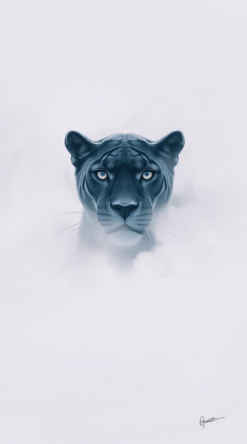 Black panther head with blue eyes peeking through fluffy white clouds against a soft-focus ethereal backdrop.