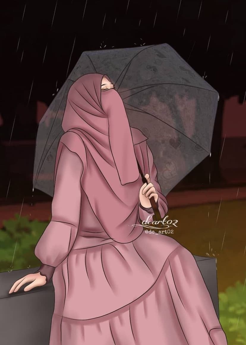 Woman in a pink hijab and niqab sits on a bench holding a clear umbrella during a peaceful night rain shower.