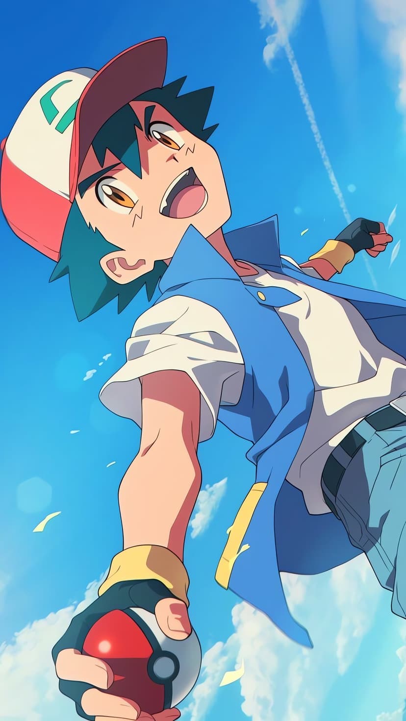Ash Ketchum holds a Poké Ball while smiling under a bright blue sky in a dynamic low-angle portrait scene.