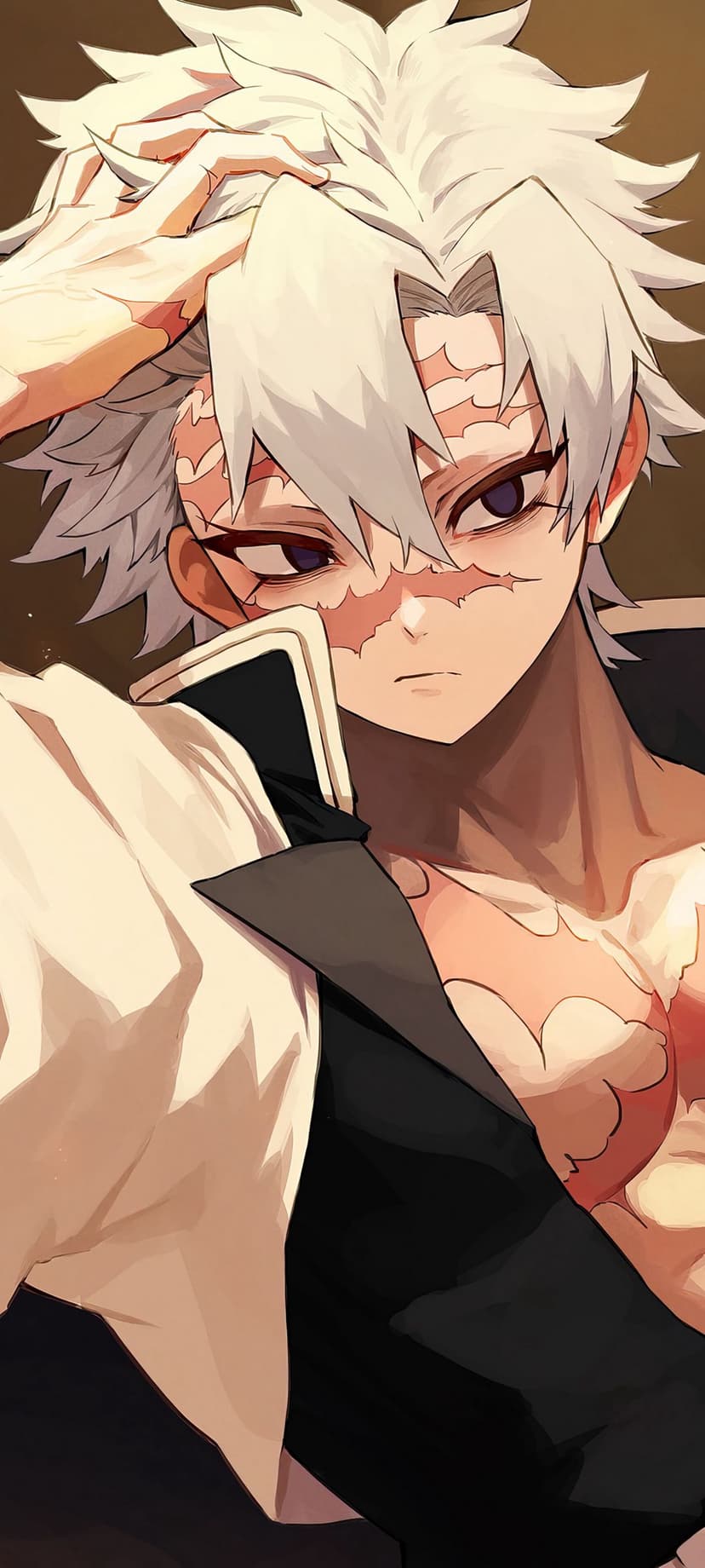 Sanemi Shinazugawa with white hair and facial scars running a hand through his hair with an intense gaze.