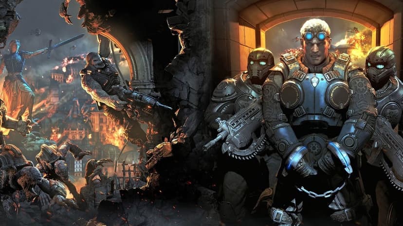 Damon Baird in goggles with glowing blue handcuffs standing between soldiers in a burning war-torn city.