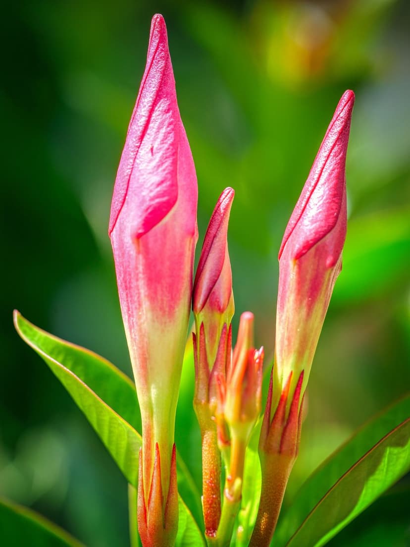 Pink flower buds with yellow-green bases cluster against a blurred garden background with lush leaves.