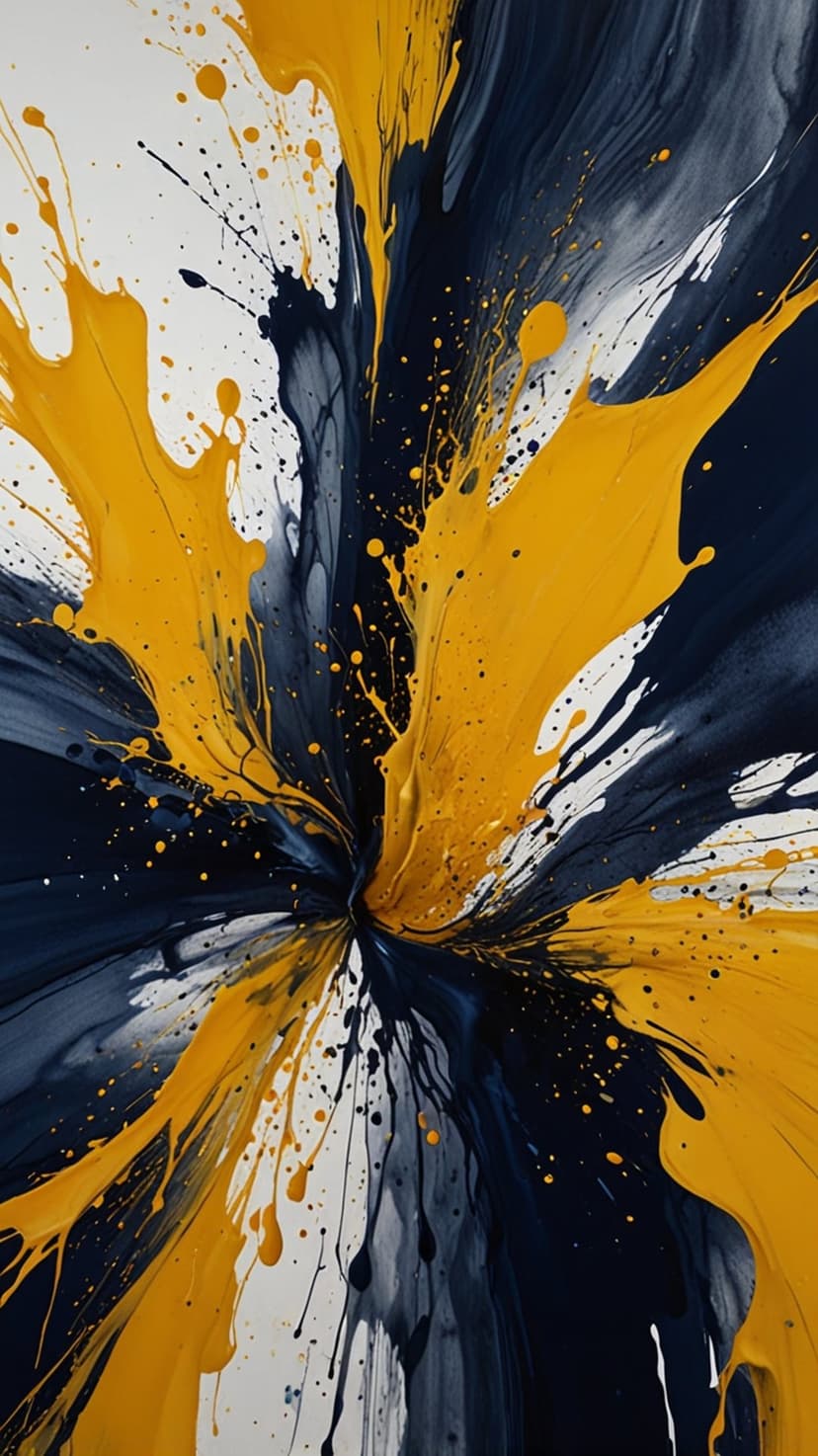 Bright yellow and navy blue paint splashes explode with white droplets against a dark, textured background.