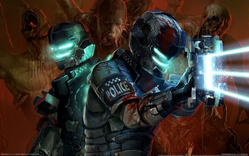 Isaac Clarke in a blood-stained police suit aiming a glowing plasma cutter at Necromorphs in a dark red setting.
