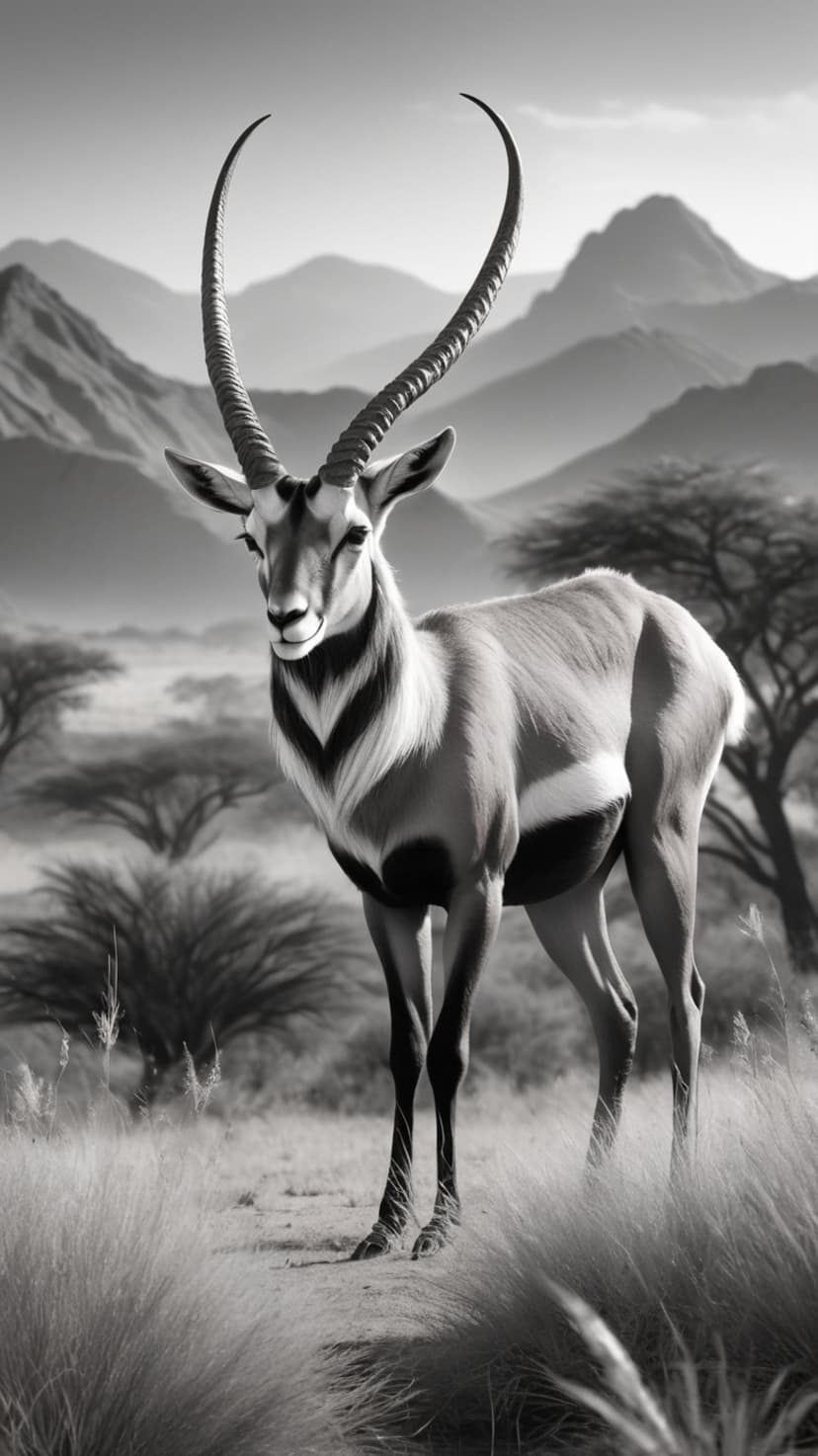 Oryx with long curved horns stands in tall grass with mountains and acacia trees in a black and white photo.