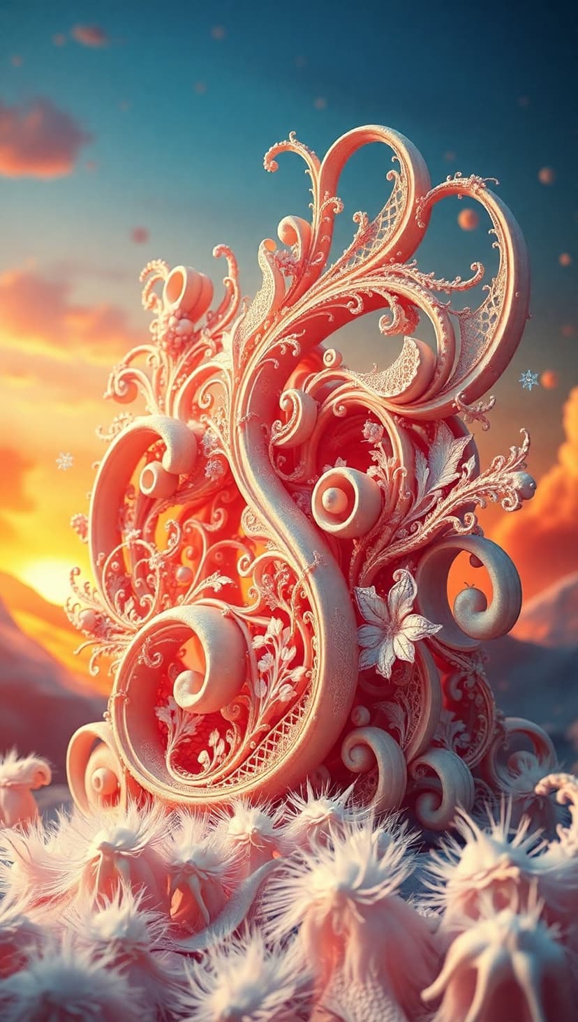 Ornate coral structure with swirling patterns towers over a soft white fluffy field under a warm sunset sky.