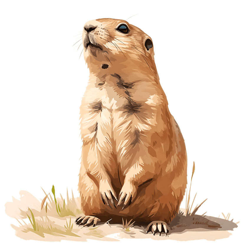 Prairie dog standing upright on hind legs in green grass with detailed sandy fur and an alert expression.