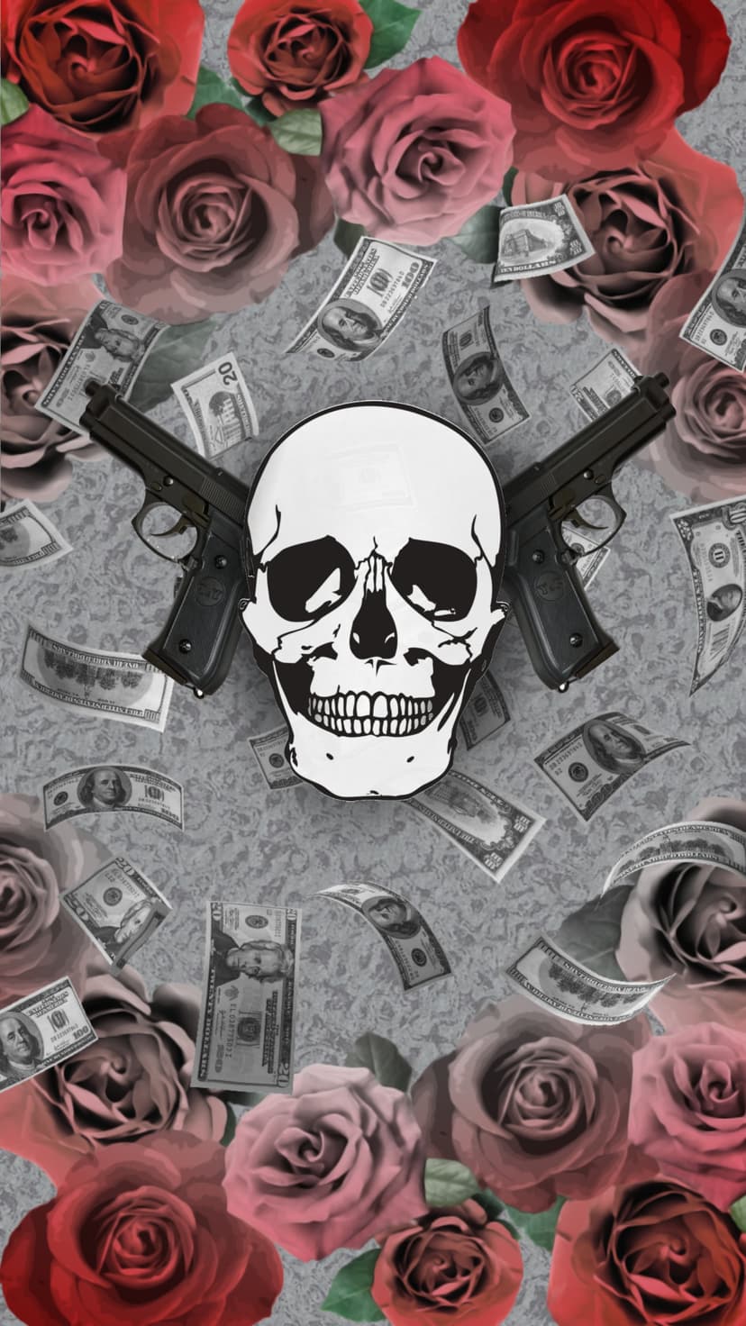 Human skull centered between crossed handguns and red roses over scattered currency with a dark atmosphere.