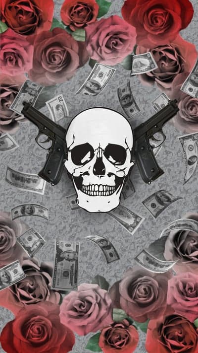 Gritty Skull and Pistols with Roses Phone Wallpaper