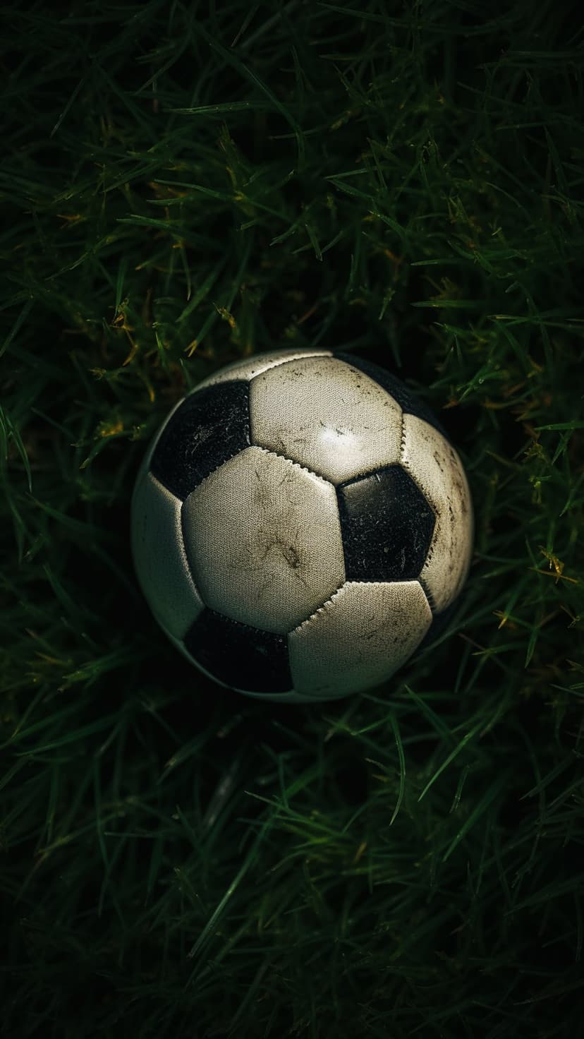 Black and white soccer ball resting on thick green grass blades with dramatic shadows and sharp textures.