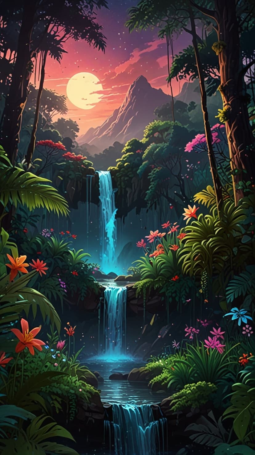 Vertical waterfall plunges into a jungle pool under an orange sunset sky with purple mountains and lush flowers.