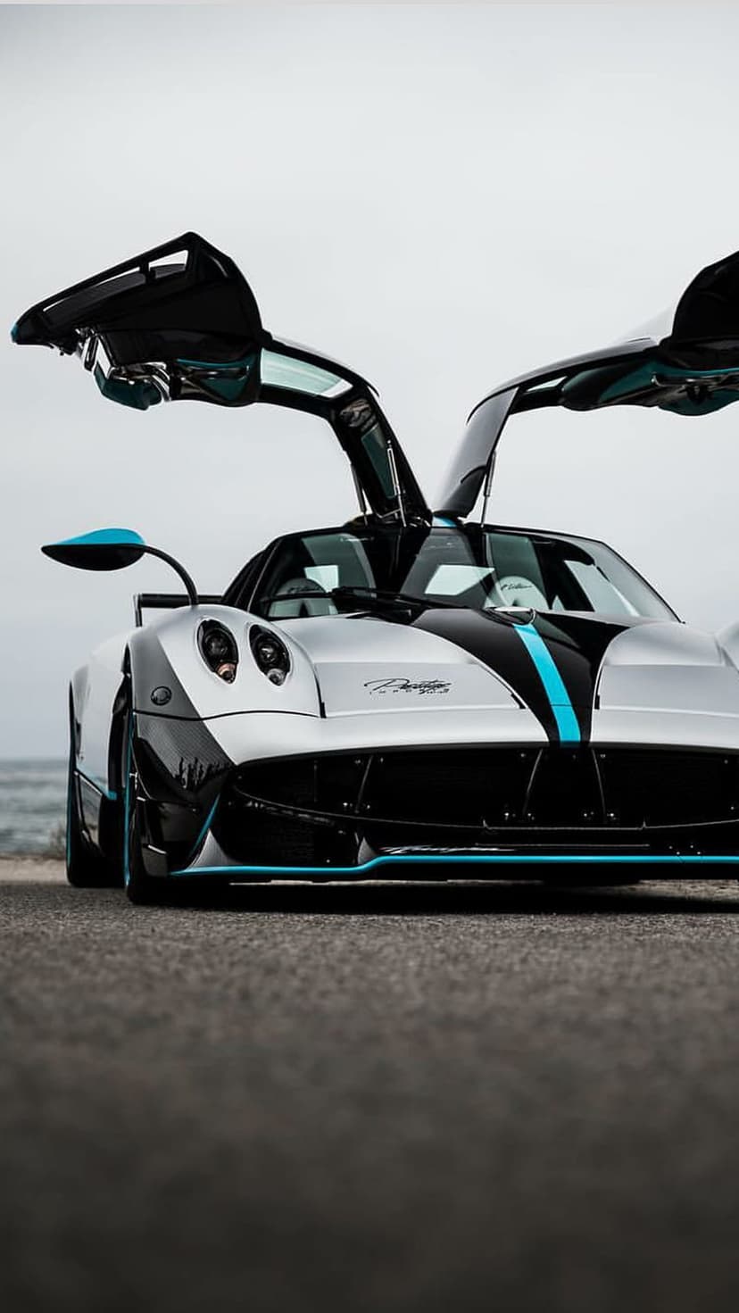 Silver Pagani Huayra Roadster BC with open dihedral doors and blue accents parked near a blurred ocean horizon.