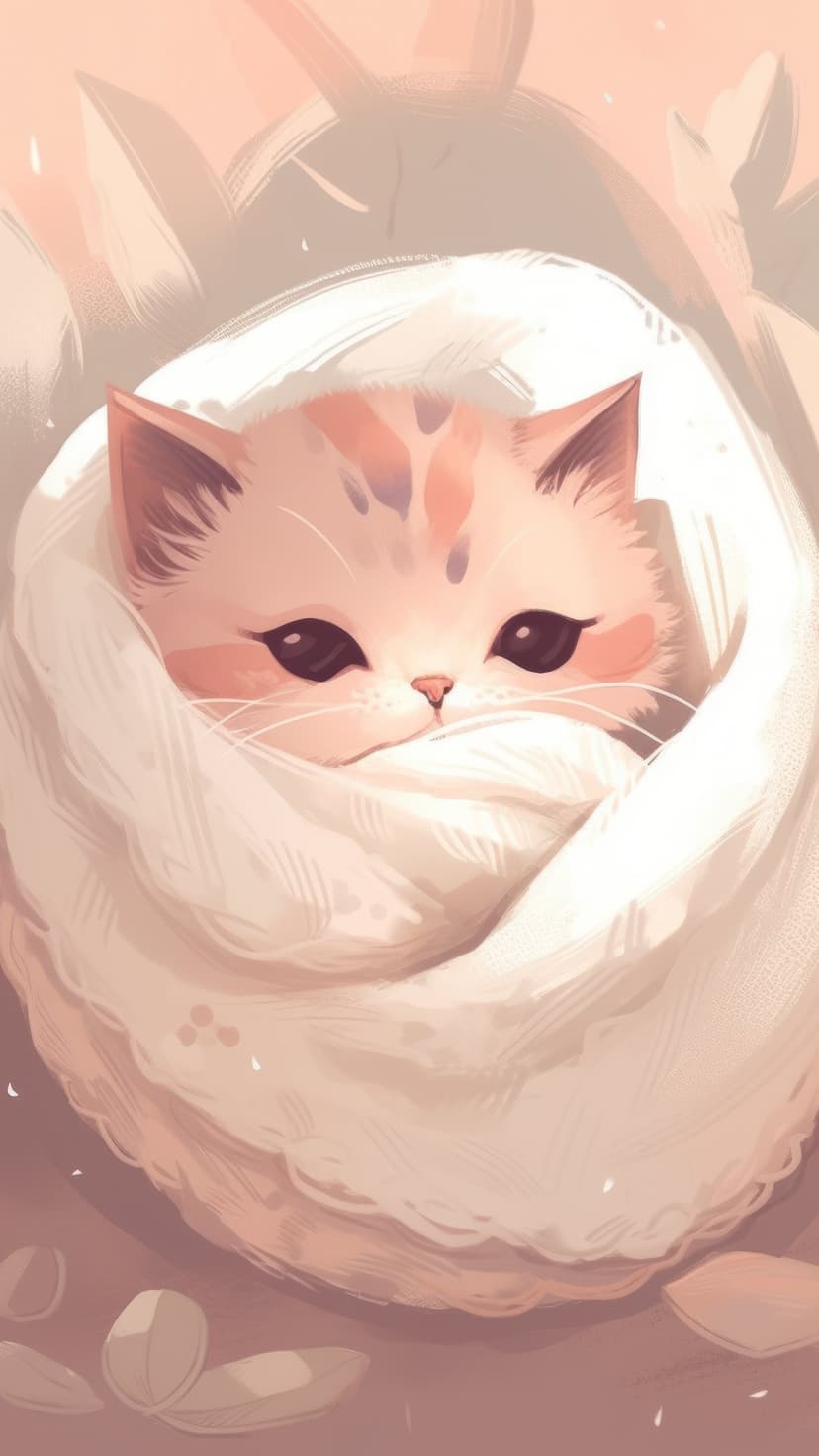 Fluffy kitten with orange markings wrapped in a soft white blanket shows large expressive eyes and tiny ears.