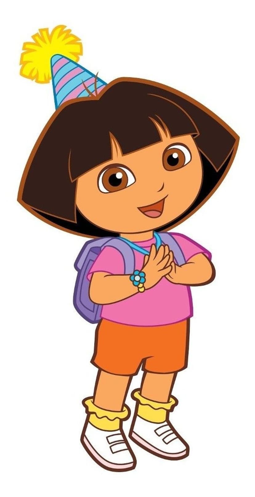 Dora the Explorer wearing a festive cone party hat and purple backpack with her hands clasped in a happy pose.