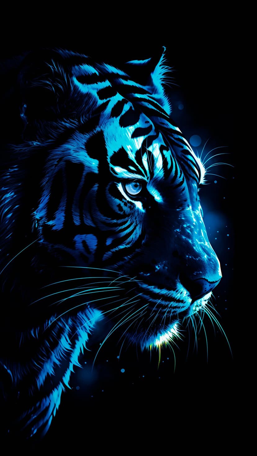 Tiger face with glowing blue stripes and piercing eyes stares forward against a dark, minimalist background.