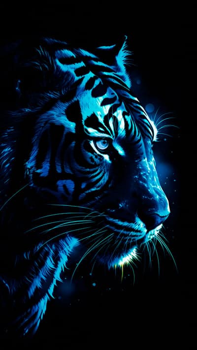 Neon Blue Tiger Face with Black Background