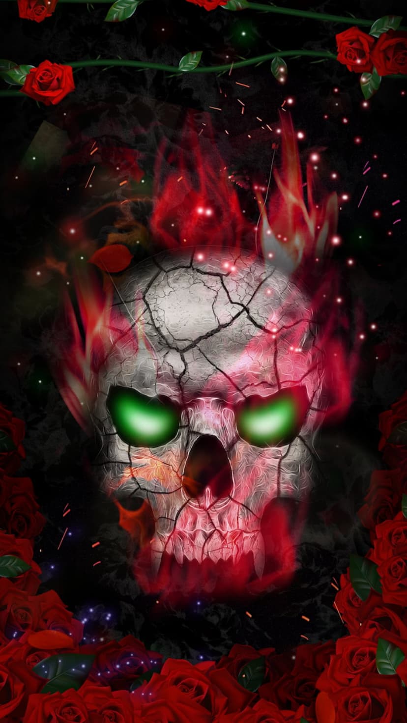 Cracked skull with glowing green eyes and red flames surrounded by thorny roses for a mobile screen backdrop.