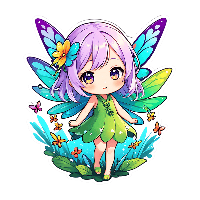 Chibi fairy with purple hair and green leaf dress walking through a floral garden with blue butterfly wings.