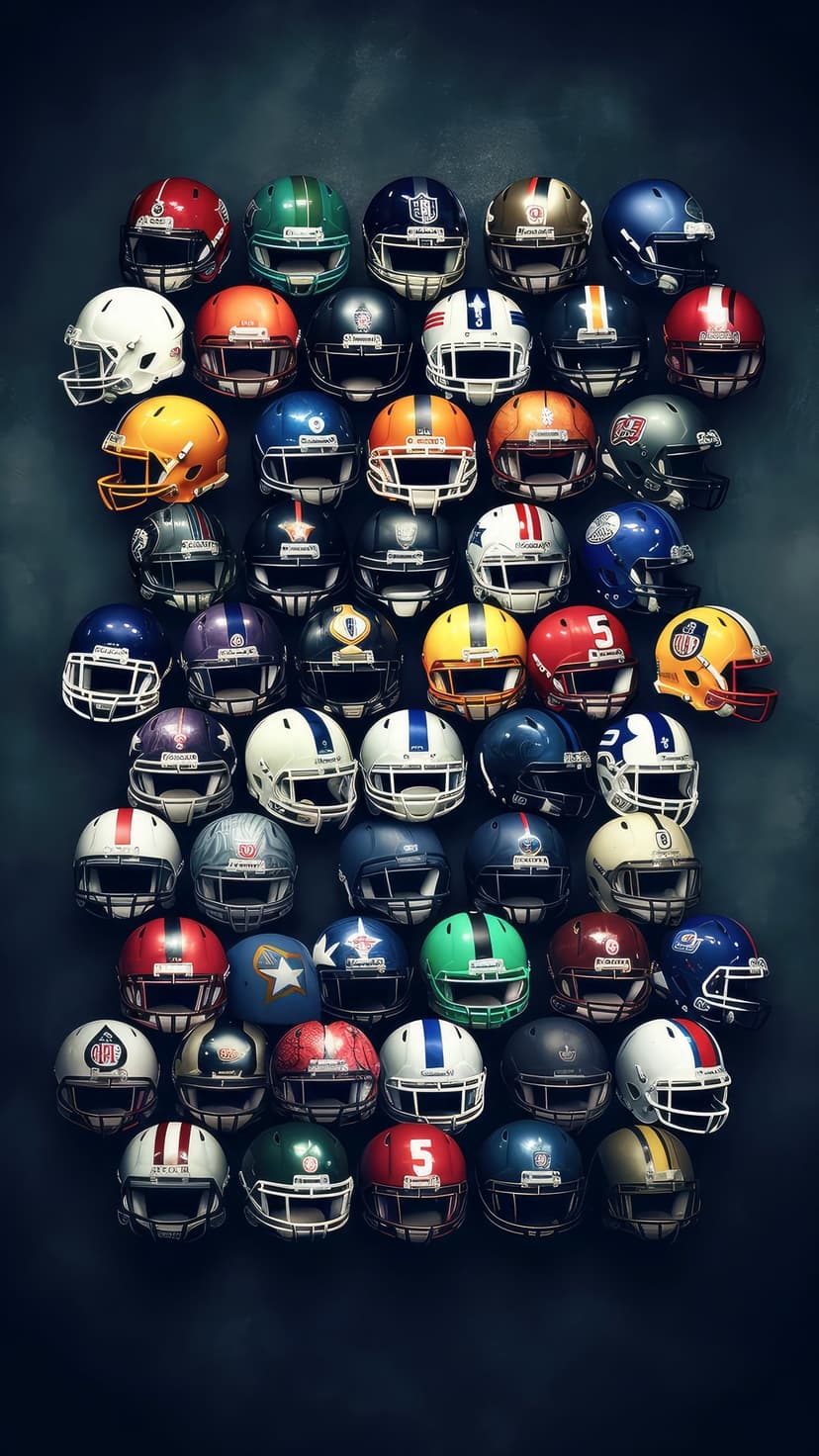 Vintage football helmets in diverse colors are arranged in neat rows against a dark, textured background.