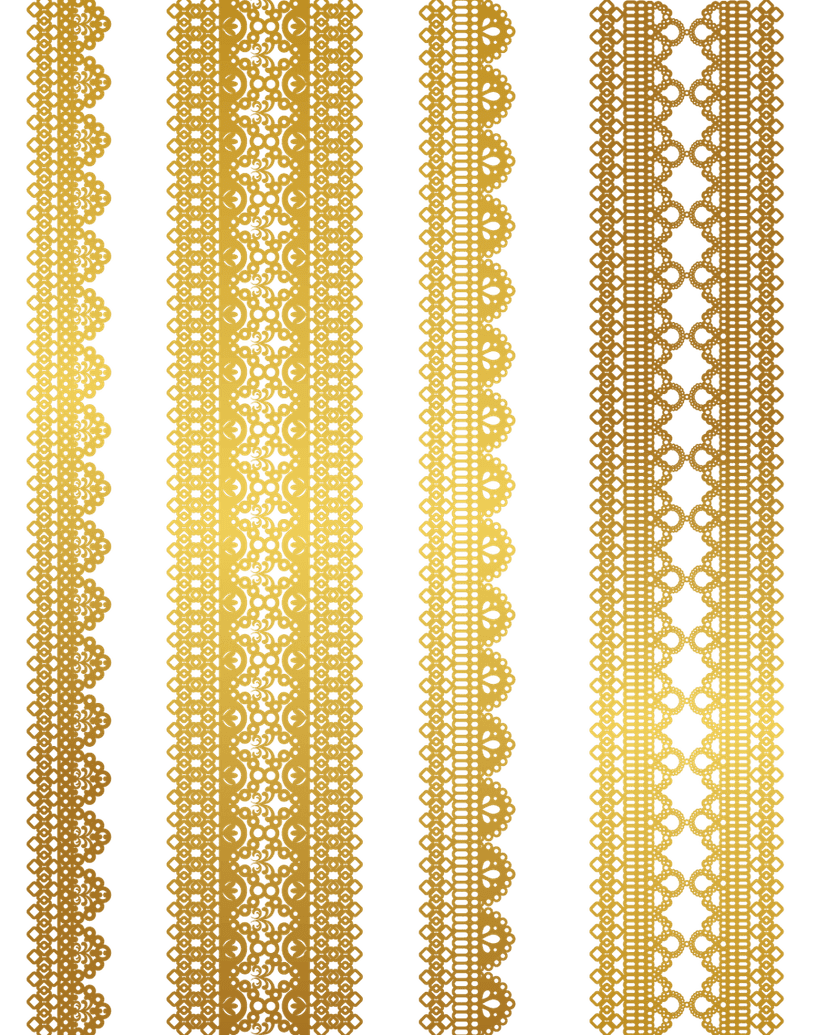 Gold lace pattern featuring four horizontal metallic filigree borders with geometric coin shapes and ornate webbing.
