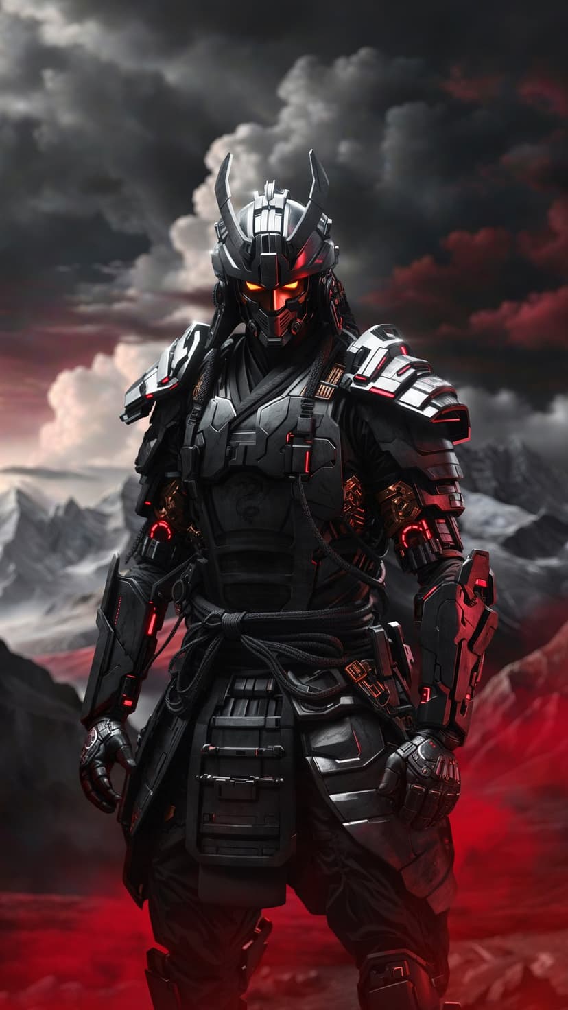 Cybernetic samurai in glowing red armor stands amidst a volcanic mountain range under dark, smoky clouds.