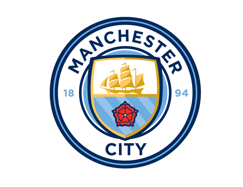 Manchester City football club crest featuring a golden ship and red rose inside a blue circular frame.